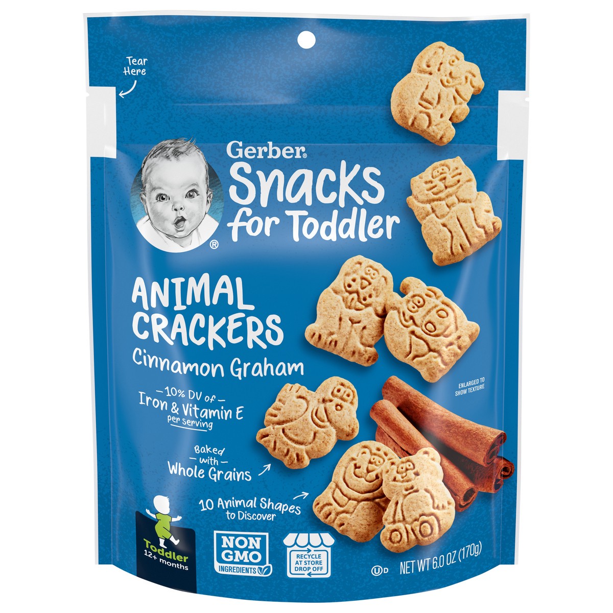 slide 1 of 9, Gerber Snacks for Toddler Animal Crackers , Cinnamon Graham Crackers, 6 oz Bag, 6 oz