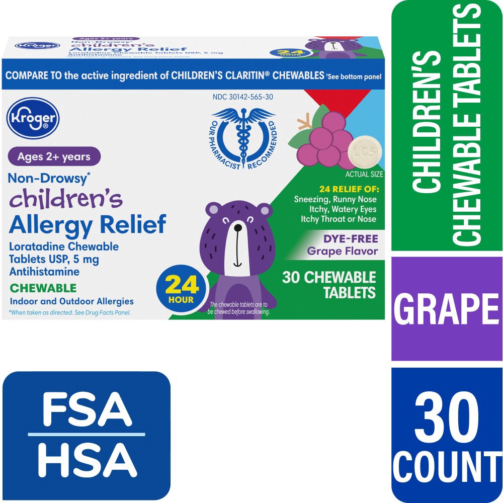 slide 2 of 5, Kroger Non-Drowsy Children's Allergy Relief 24 Hour Grape Chewable Tablets, 30 ct