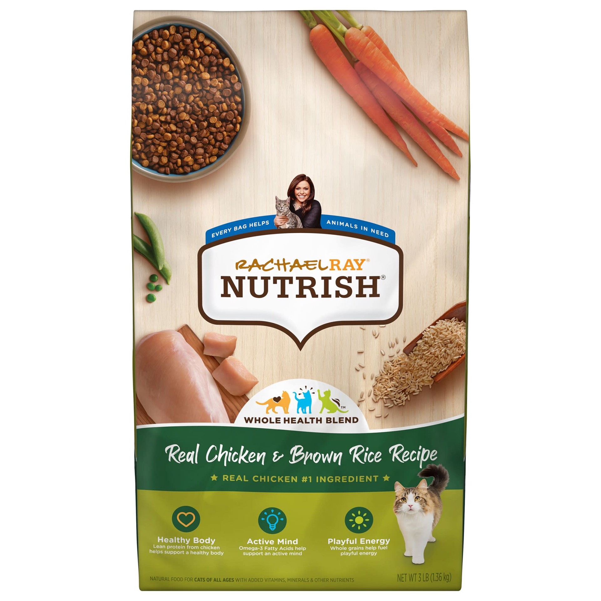 slide 1 of 9, Rachael Ray Nutrish Real Chicken & Brown Rice Recipe Dry Cat Food, 3 lb. Bag (Rachael Ray), 48 oz