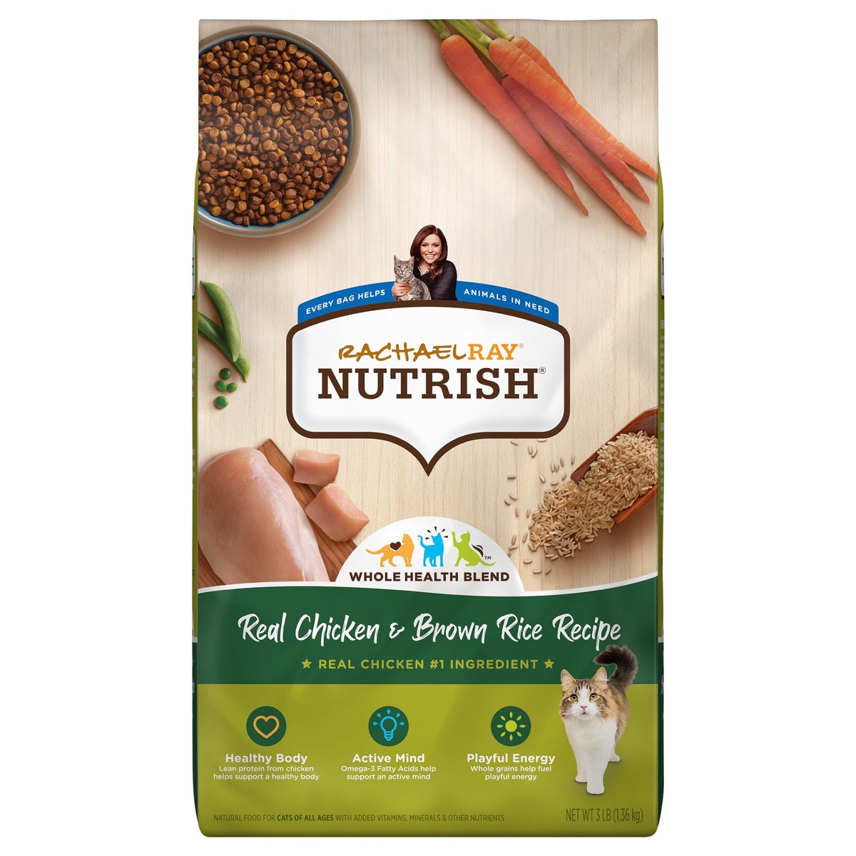 slide 1 of 9, Rachael Ray Nutrish Real Chicken & Brown Rice Recipe Adult Premium Dry Cat Food, 3 lb