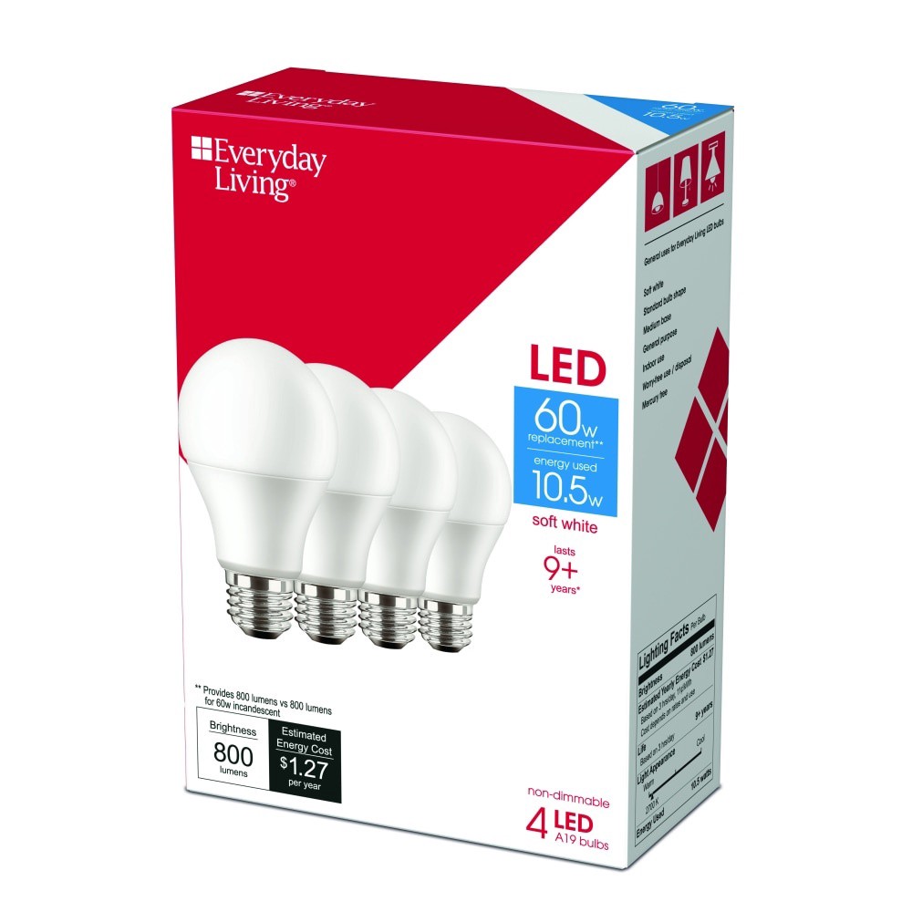 slide 3 of 3, Everyday Living 60W Soft White A19 LED Light Bulbs, 4 ct