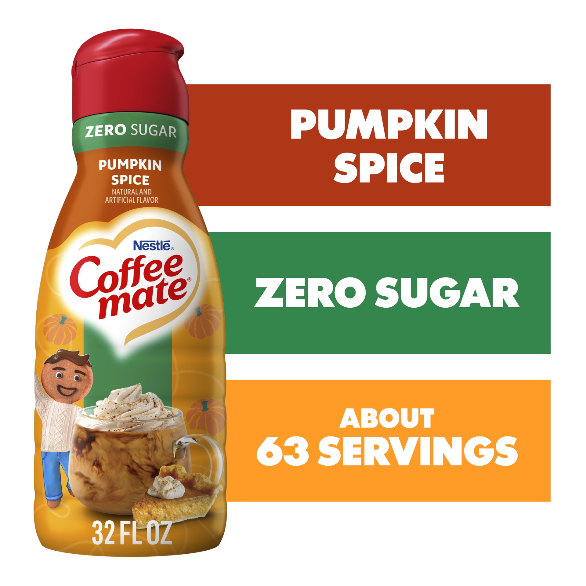 slide 1 of 3, Coffee mate Pumpkin Spice Flavored Coffee Creamer, Zero Sugar, Gluten-Free, 63 Servings, 32 oz