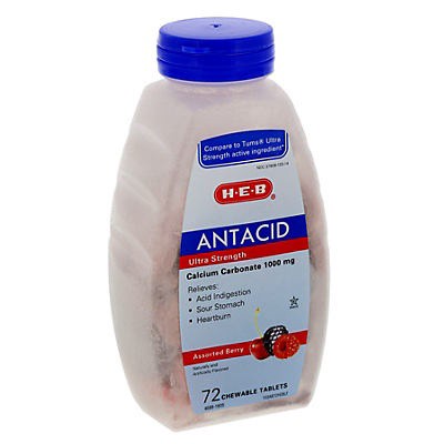 slide 1 of 1, H-E-B Calcium Carbonate Ultra Strength Antacid Berry Chewable Tablets, 72 ct