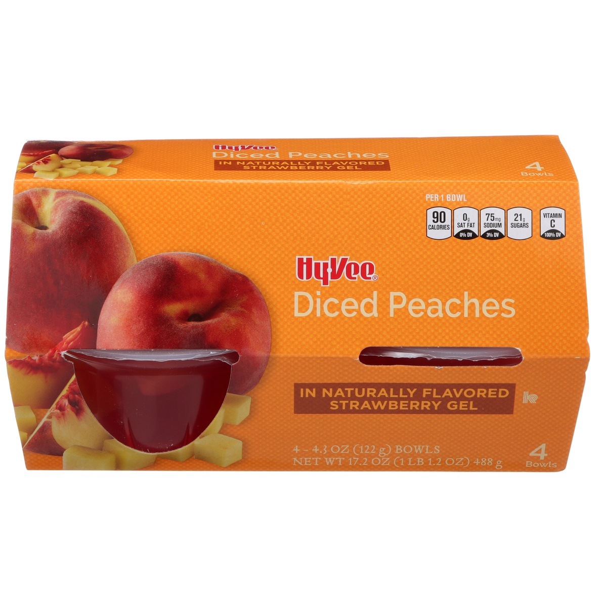 slide 1 of 1, Hy-vee Diced Peaches In Flavored Strawberry Gel, 4 ct; 4.5 oz