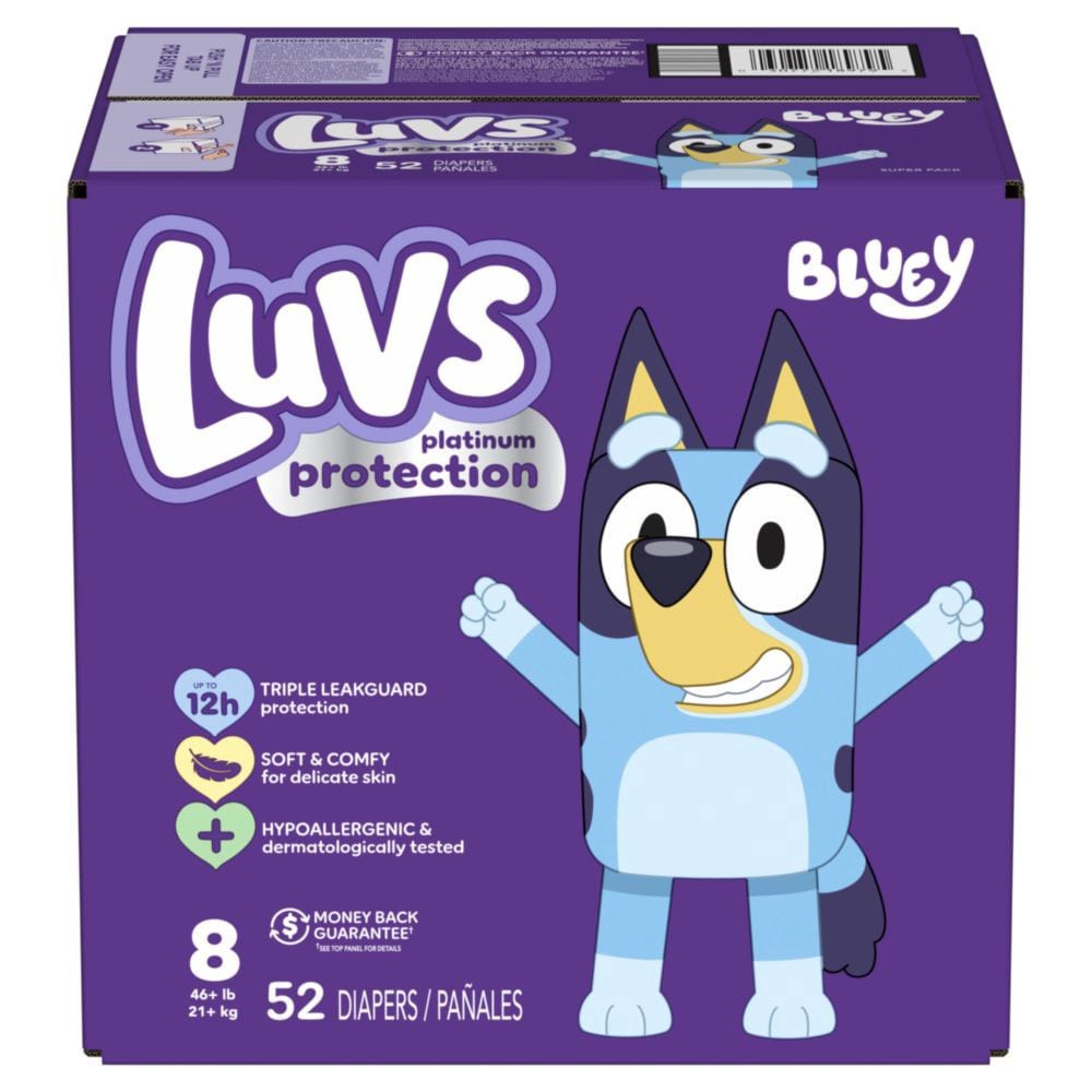 slide 1 of 1, Luvs Platinum Protection Diapers - Size 8 (46+ Pounds), 52 ct