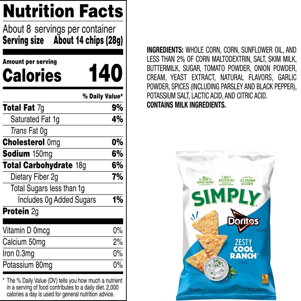 slide 4 of 5, Simply Doritos Simply Tortilla Chips Zesty Cool Ranch Flavored 7 1/2 Oz, 7.5 oz