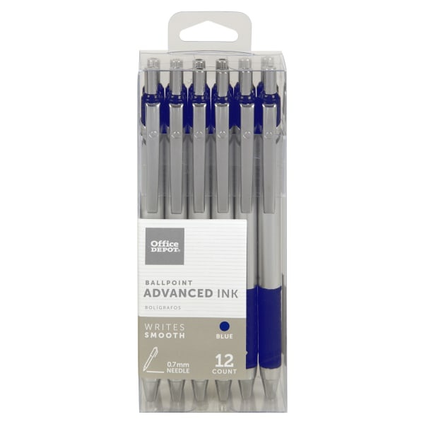 slide 1 of 2, Office Depot Brand Advanced Ink Retractable Ballpoint Pens, Needle Point, 0.7 Mm, Silver Barrel, Blue Ink, Pack Of 12, 12 ct