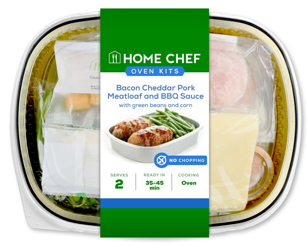 slide 1 of 1, Home Chef Oven Kit Bacon Cheddar Pork Meatloaf And Bbq Sauce With Green Beans And Corn, 28 oz