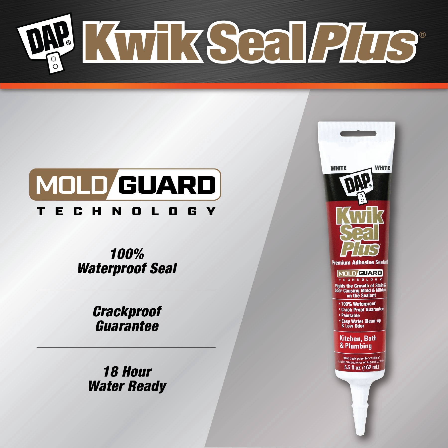 slide 6 of 6, DAP Kwik Seal Plus Premium Kitchen & Bath Adhesive Sealant White, 5.5 oz