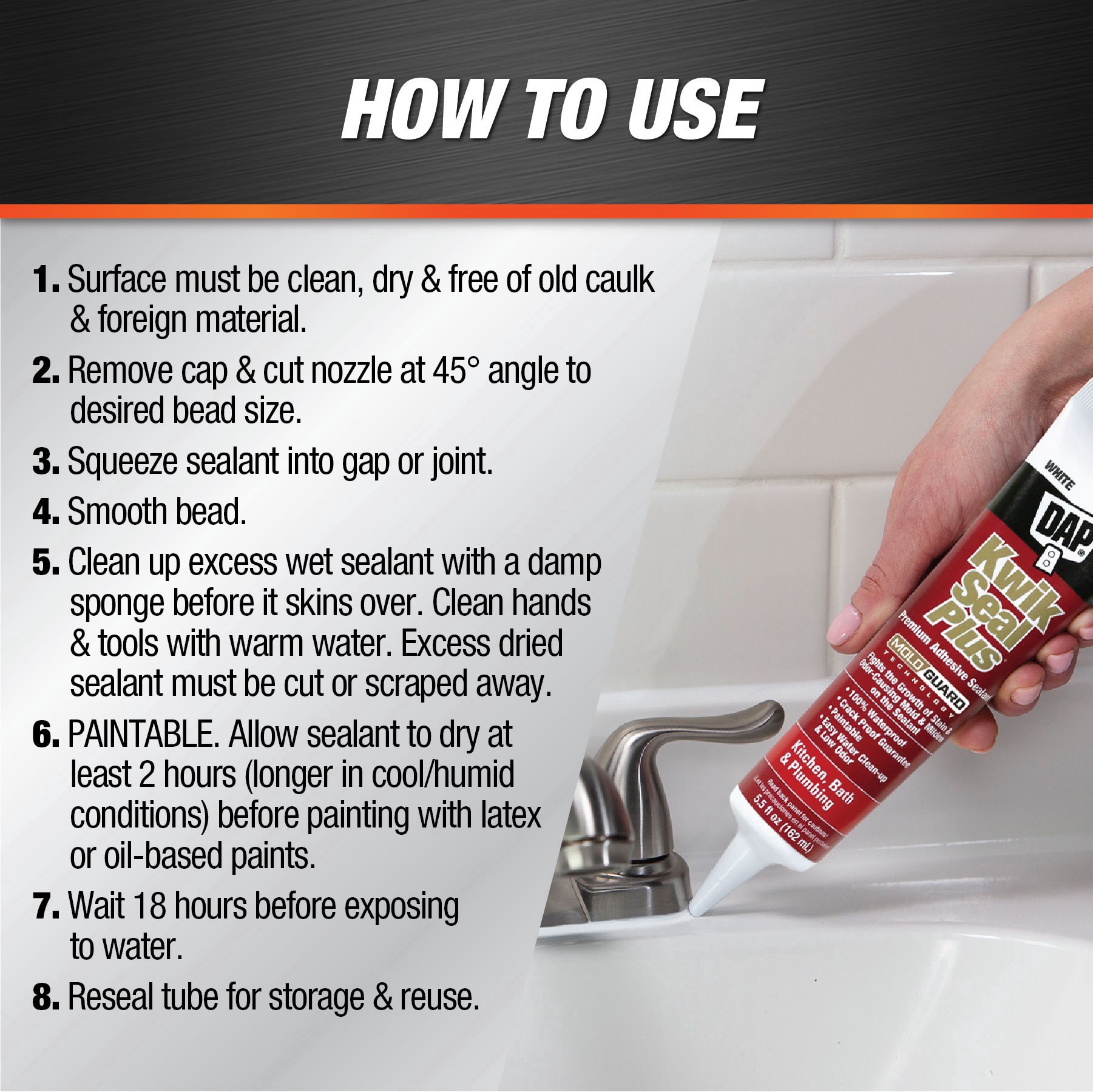 slide 3 of 6, DAP Kwik Seal Plus Premium Kitchen & Bath Adhesive Sealant White, 5.5 oz