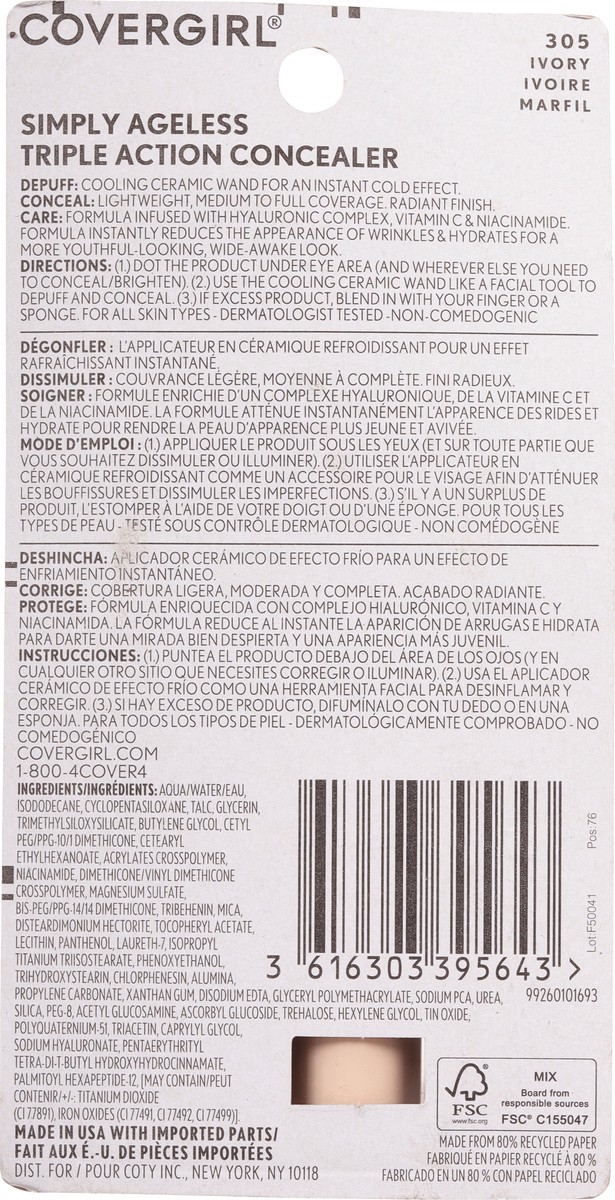 slide 2 of 9, Covergirl 305 Ivory Simply Ageless Triple Action Concealer 0.24 fl oz, 0.24 fl oz