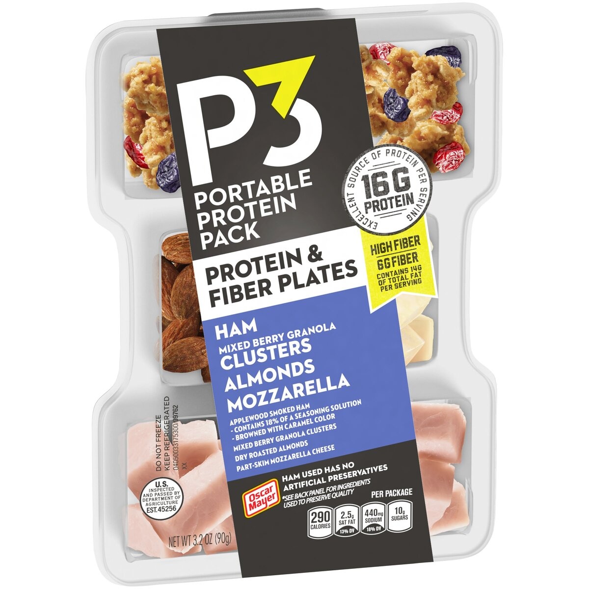 slide 2 of 8, P3 Portable Protein Snack Pack & Fiber Plate with Ham, Mixed Berry Granola Clusters, Almonds & Mozzarella Cheese Tray, 3.2 oz