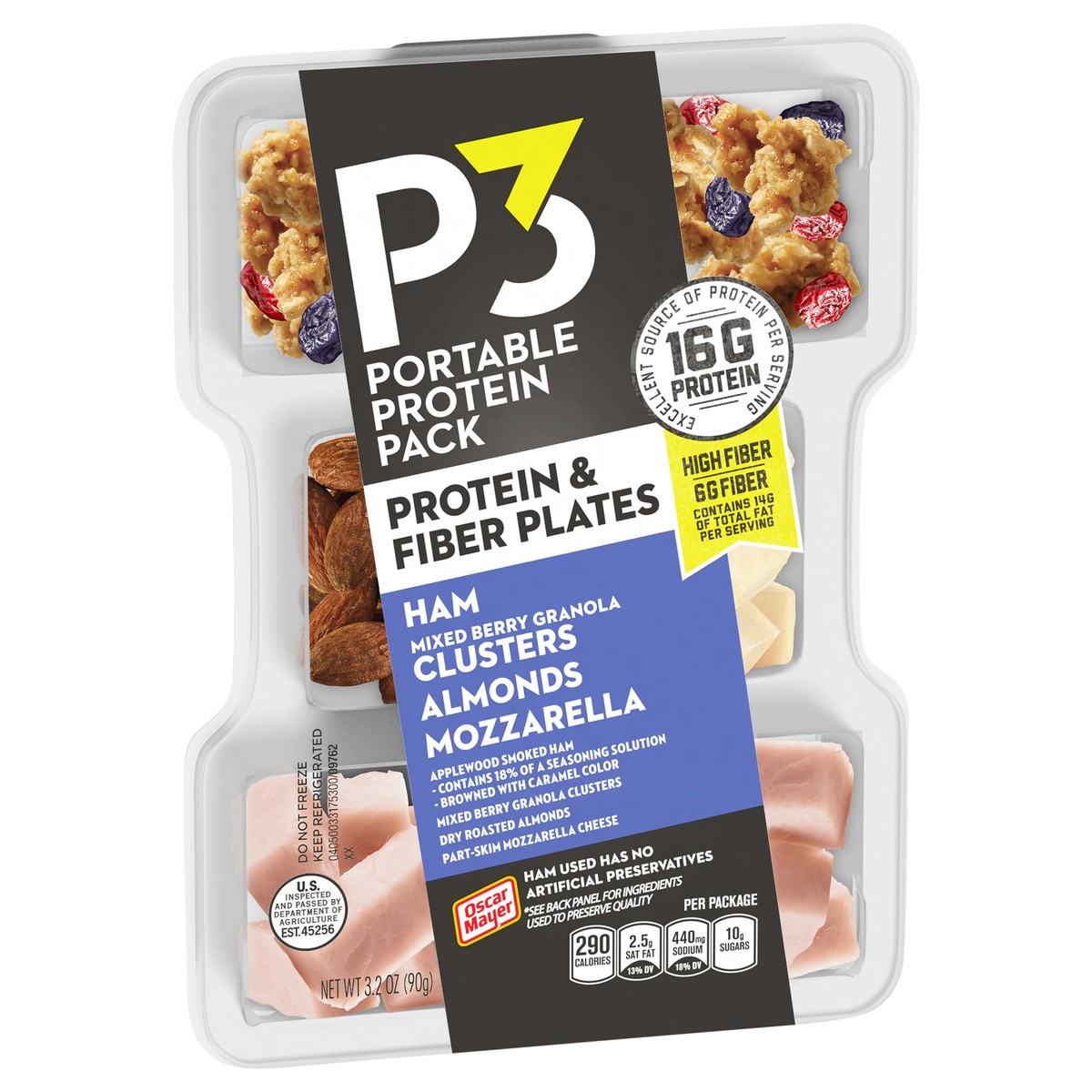 slide 11 of 13, P3 Portable Protein Snack Pack & Fiber Plate with Ham, Mixed Berry Granola Clusters, Almonds & Mozzarella Cheese, 3.2 oz Tray, 3.2 oz