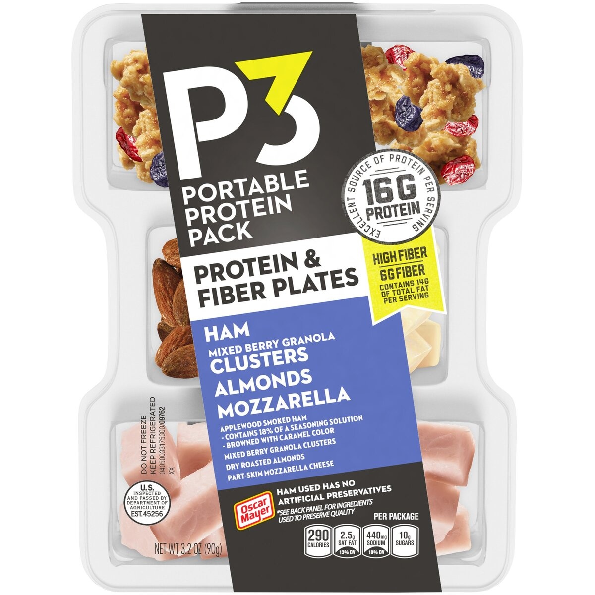 slide 1 of 8, P3 Portable Protein Snack Pack & Fiber Plate with Ham, Mixed Berry Granola Clusters, Almonds & Mozzarella Cheese Tray, 3.2 oz