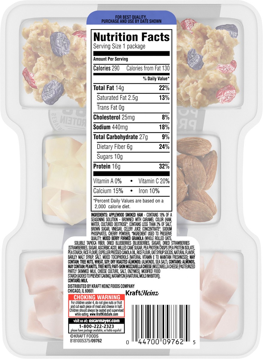 slide 3 of 13, P3 Portable Protein Snack Pack & Fiber Plate with Ham, Mixed Berry Granola Clusters, Almonds & Mozzarella Cheese, 3.2 oz Tray, 3.2 oz