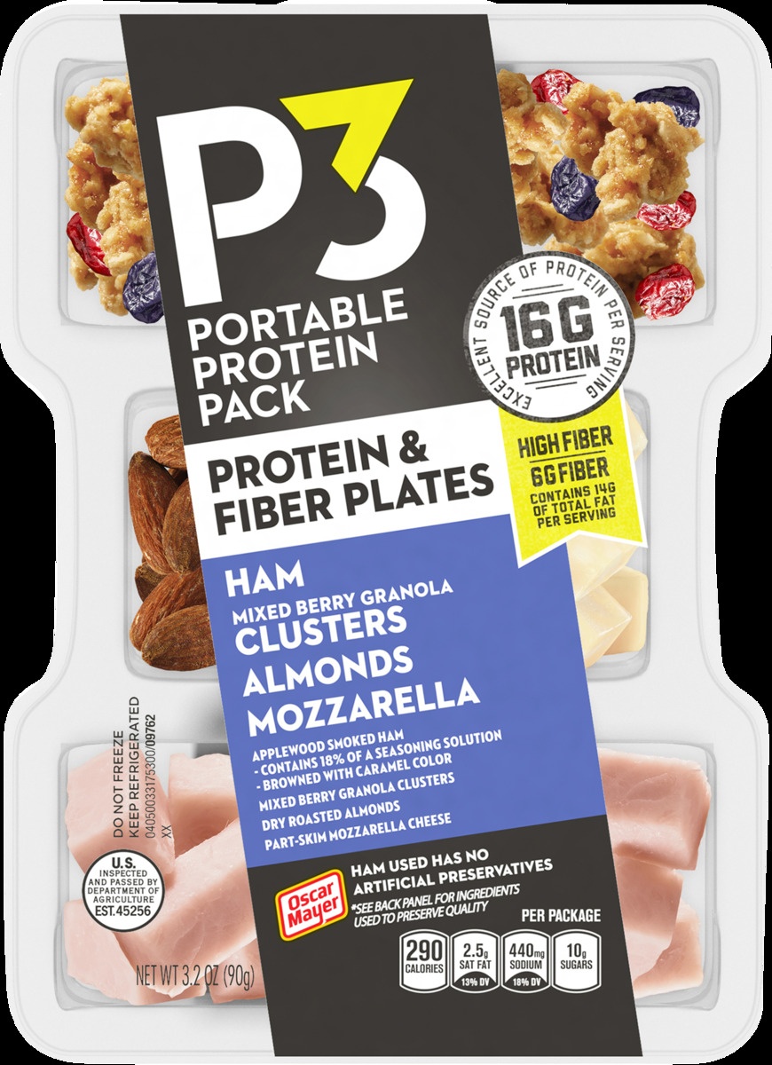 slide 7 of 8, P3 Portable Protein Snack Pack & Fiber Plate with Ham, Mixed Berry Granola Clusters, Almonds & Mozzarella Cheese Tray, 3.2 oz