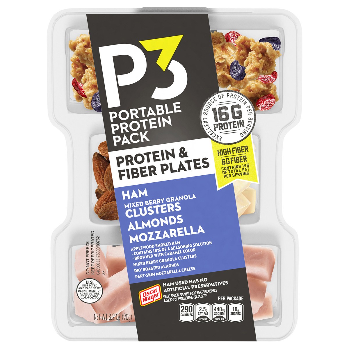 slide 6 of 13, P3 Portable Protein Snack Pack & Fiber Plate with Ham, Mixed Berry Granola Clusters, Almonds & Mozzarella Cheese, 3.2 oz Tray, 3.2 oz