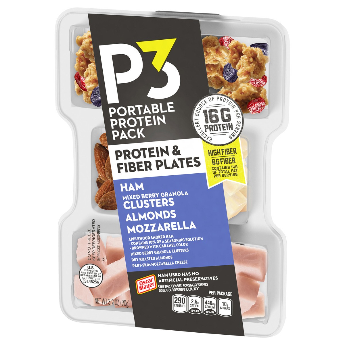 slide 7 of 13, P3 Portable Protein Snack Pack & Fiber Plate with Ham, Mixed Berry Granola Clusters, Almonds & Mozzarella Cheese, 3.2 oz Tray, 3.2 oz