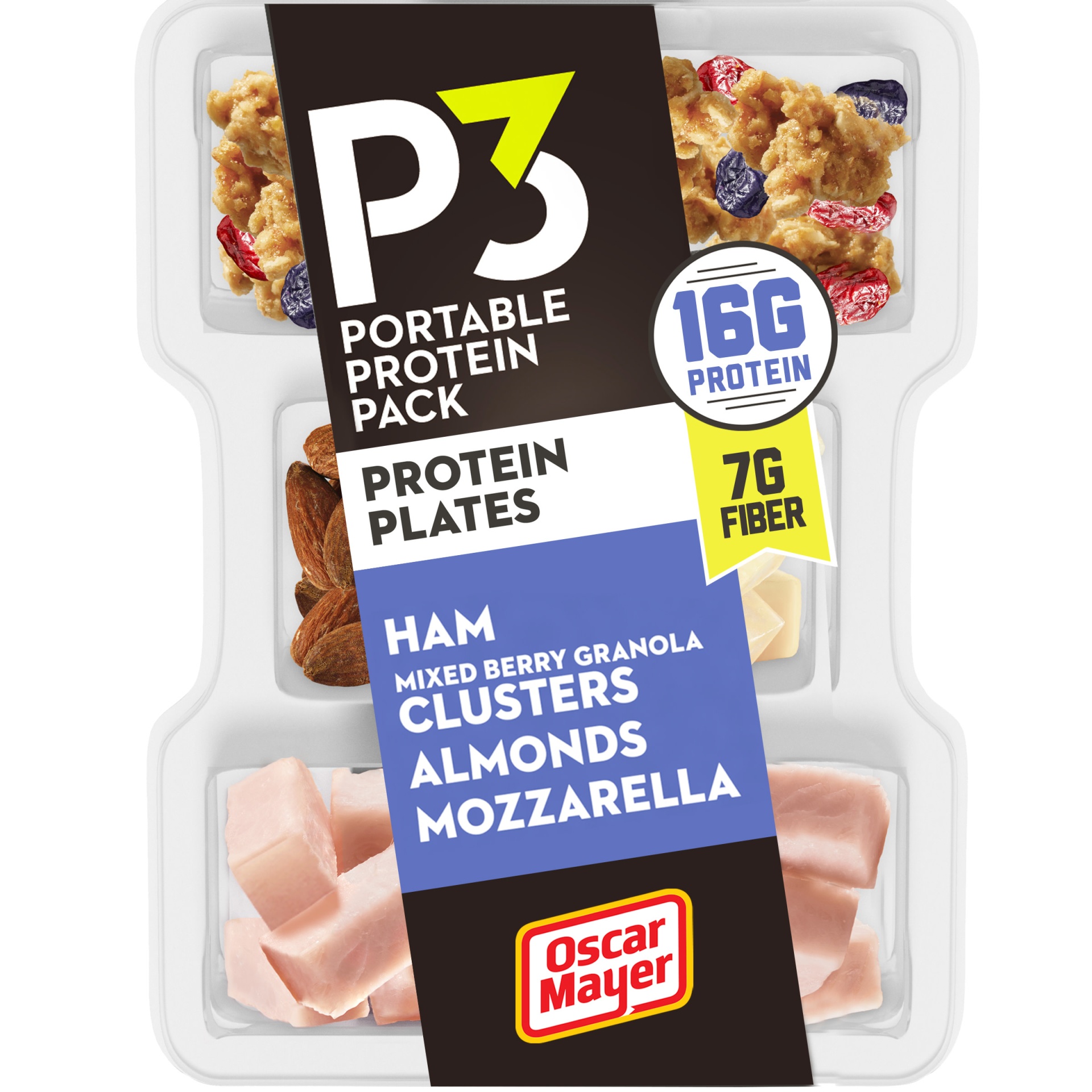 slide 1 of 6, P3 Portable Protein Snack Pack & Fiber Plate with Ham, Mixed Berry Granola Clusters, Almonds & Mozzarella Cheese Tray, 3.2 oz