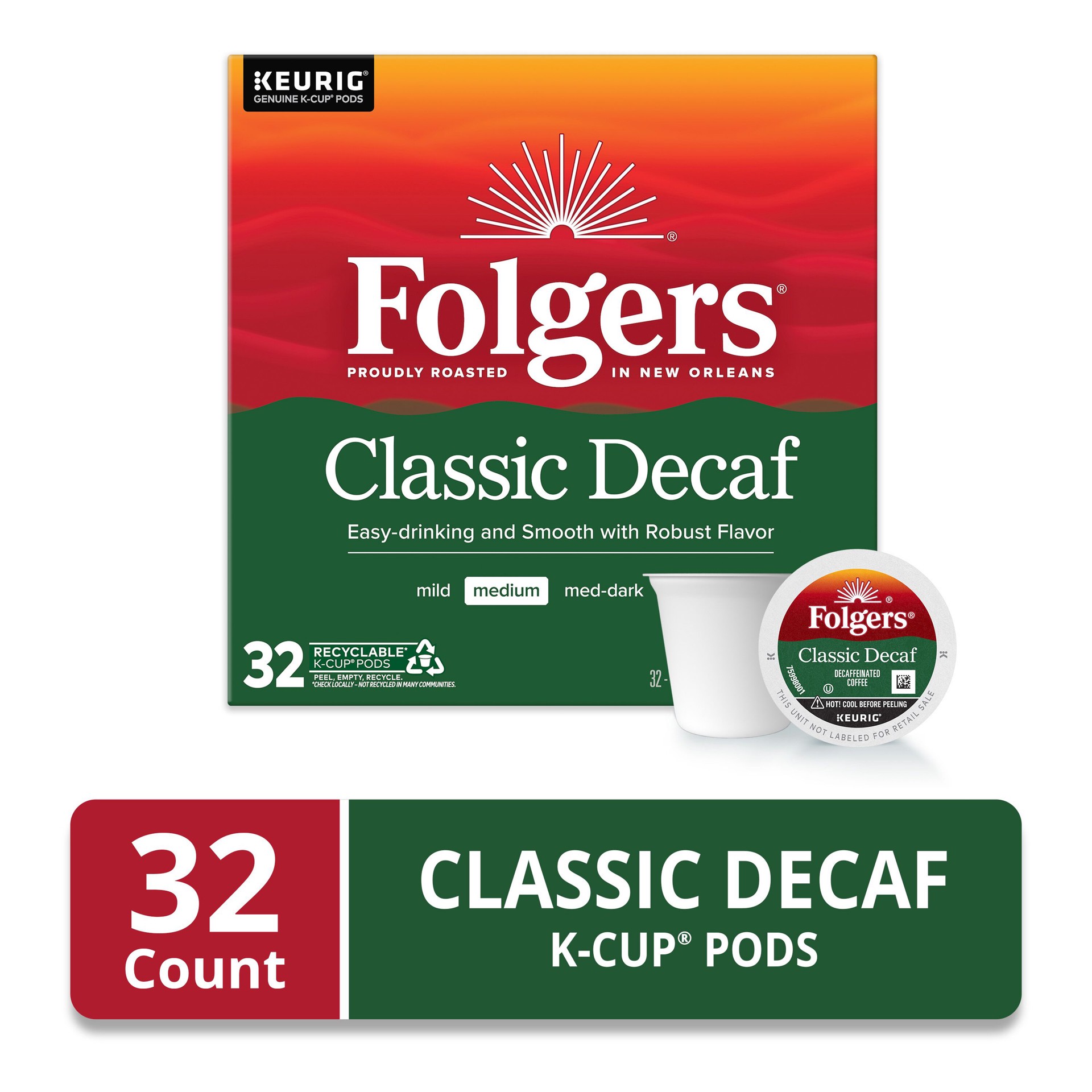 slide 2 of 7, Folgers Decaffeinated Medium Classic Decaf Coffee 32 - 0.24 oz K-Cup Pods, 32 ct