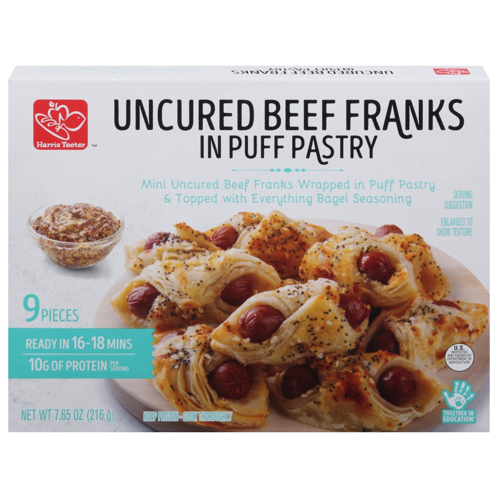 slide 1 of 2, Harris Teeter Uncured Beef Franks In Puff Pastry Appetizers, 7.65 oz