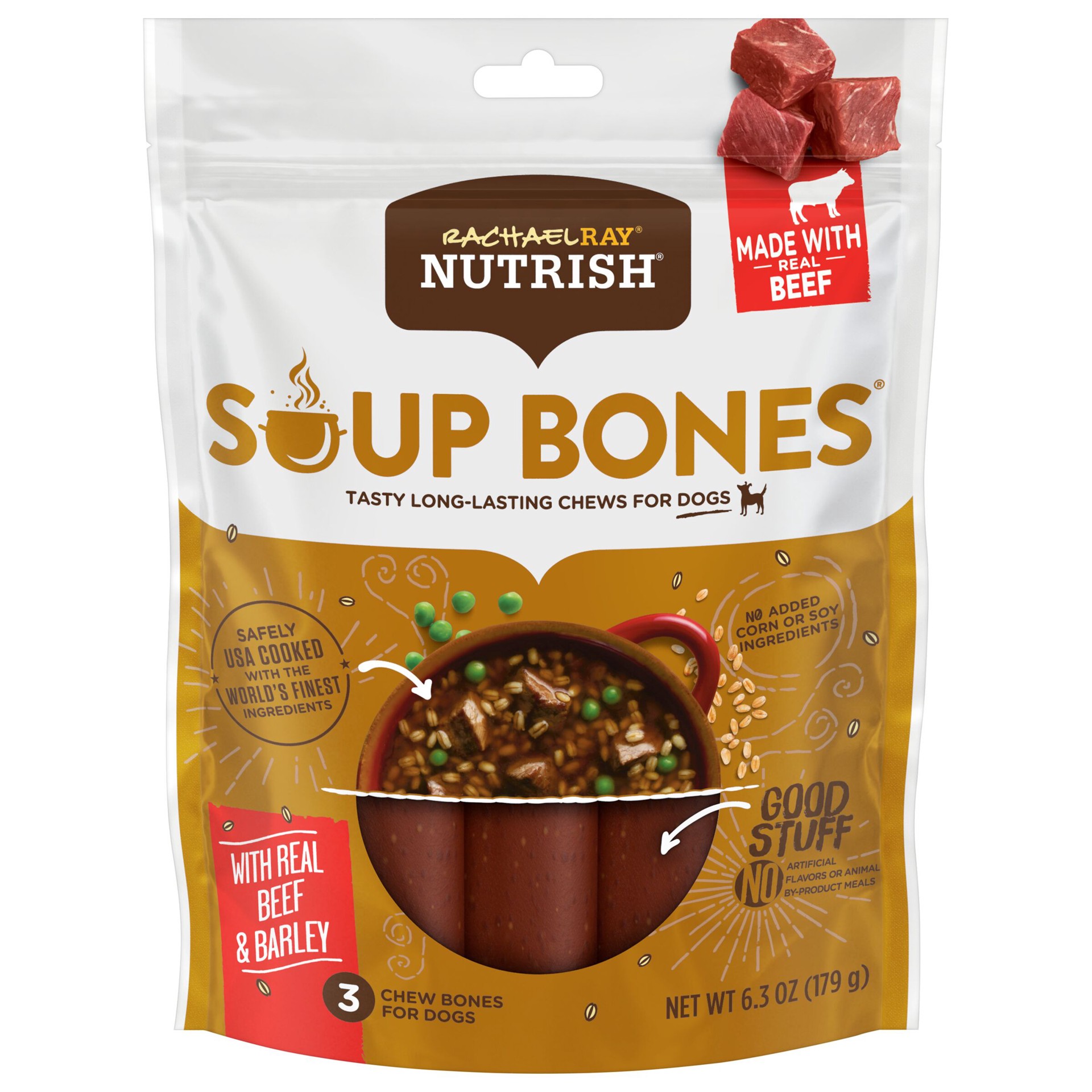 slide 1 of 12, Rachael Ray Nutrish Soup Bones With Real Beef & Barley, 3 Dog Chews, 6.3 oz