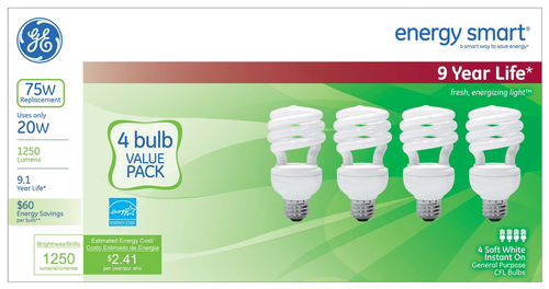 slide 1 of 1, GE Energy Smart Soft White 20 Watt Cfl Light Bulbs, 4 ct