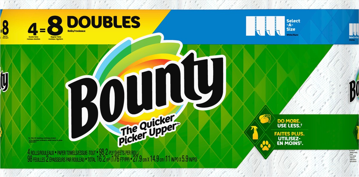 slide 1 of 8, Bounty Select-A-Size Paper Towels, White, 4 Double Rolls = 8 Regular Rolls, 4 Count, 4 ct