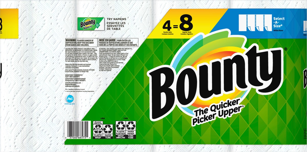 slide 8 of 8, Bounty Select-A-Size Paper Towels, White, 4 Double Rolls = 8 Regular Rolls, 4 Count, 4 ct