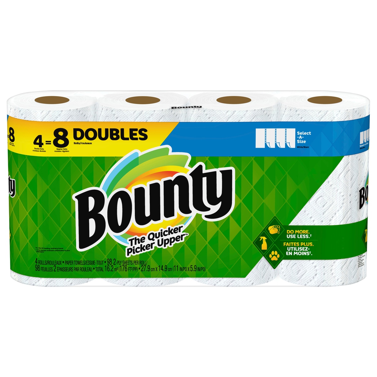 slide 1 of 7, Bounty Select-A-Size Paper Towels, White, 4 Double Rolls = 8 Regular Rolls, 4 Count, 4 ct