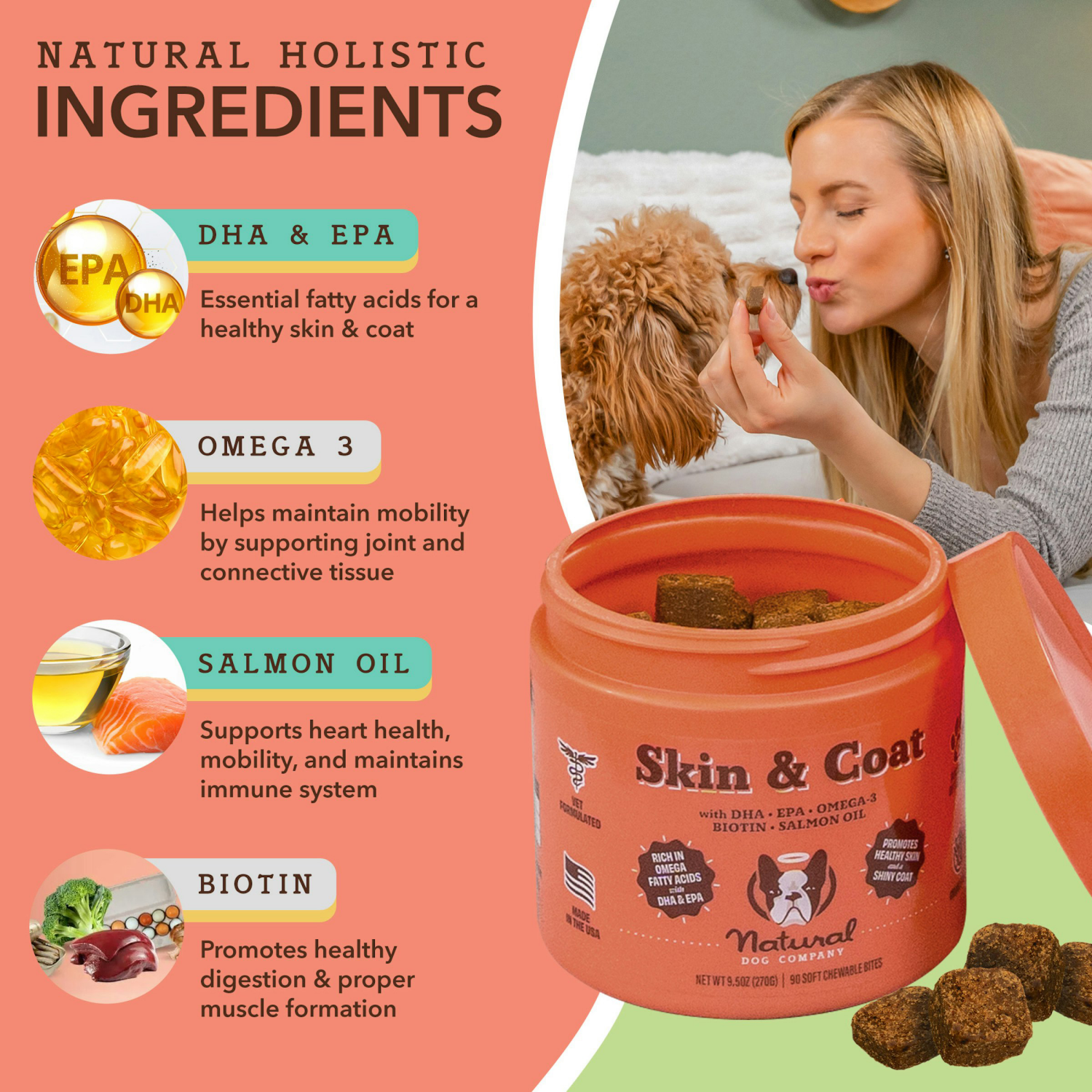 slide 2 of 5, Natural Dog Company Salmon & Peas Skin & Coat Bites 90 Chewable, 90 ct