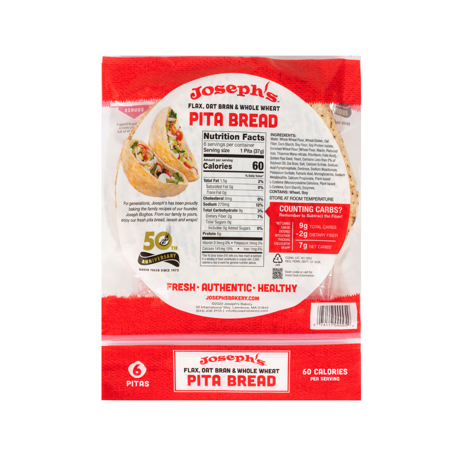 slide 2 of 2, Joseph's Pita Bread, Flax, Oat Bran & Whole Wheat, 6 ct