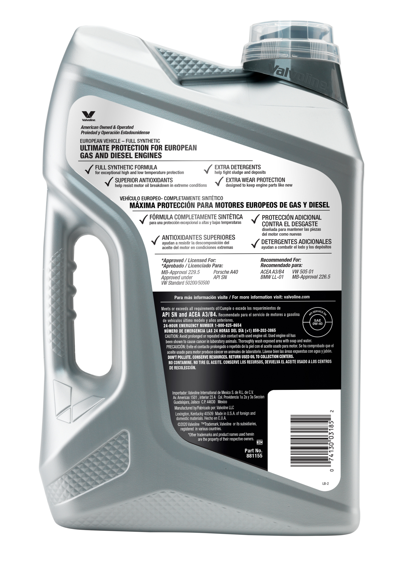 slide 2 of 2, Valvoline European Vehicle Full Synthetic SAE 0W-40 Motor Oil 5 QT, 1 ct