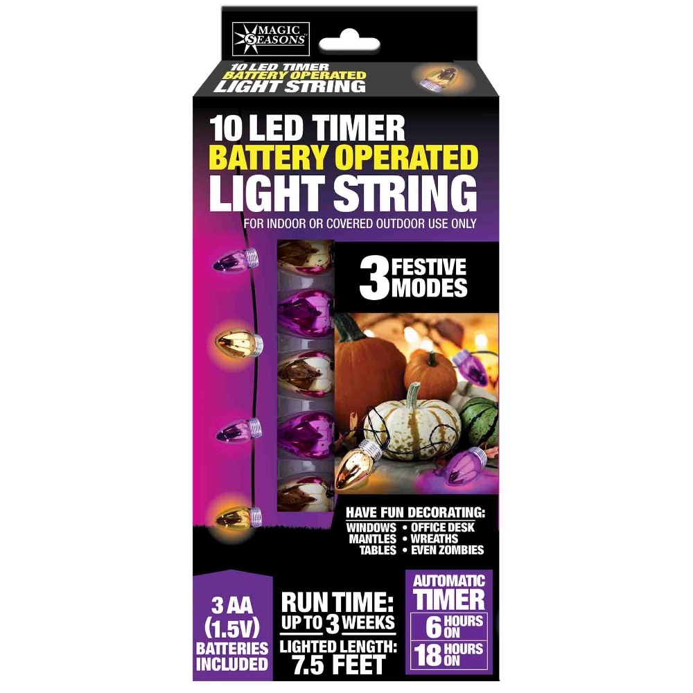 slide 1 of 1, Magic Seasons Halloween 10-Led Timer Battery Operated String Light - Purple, 7.5 ft