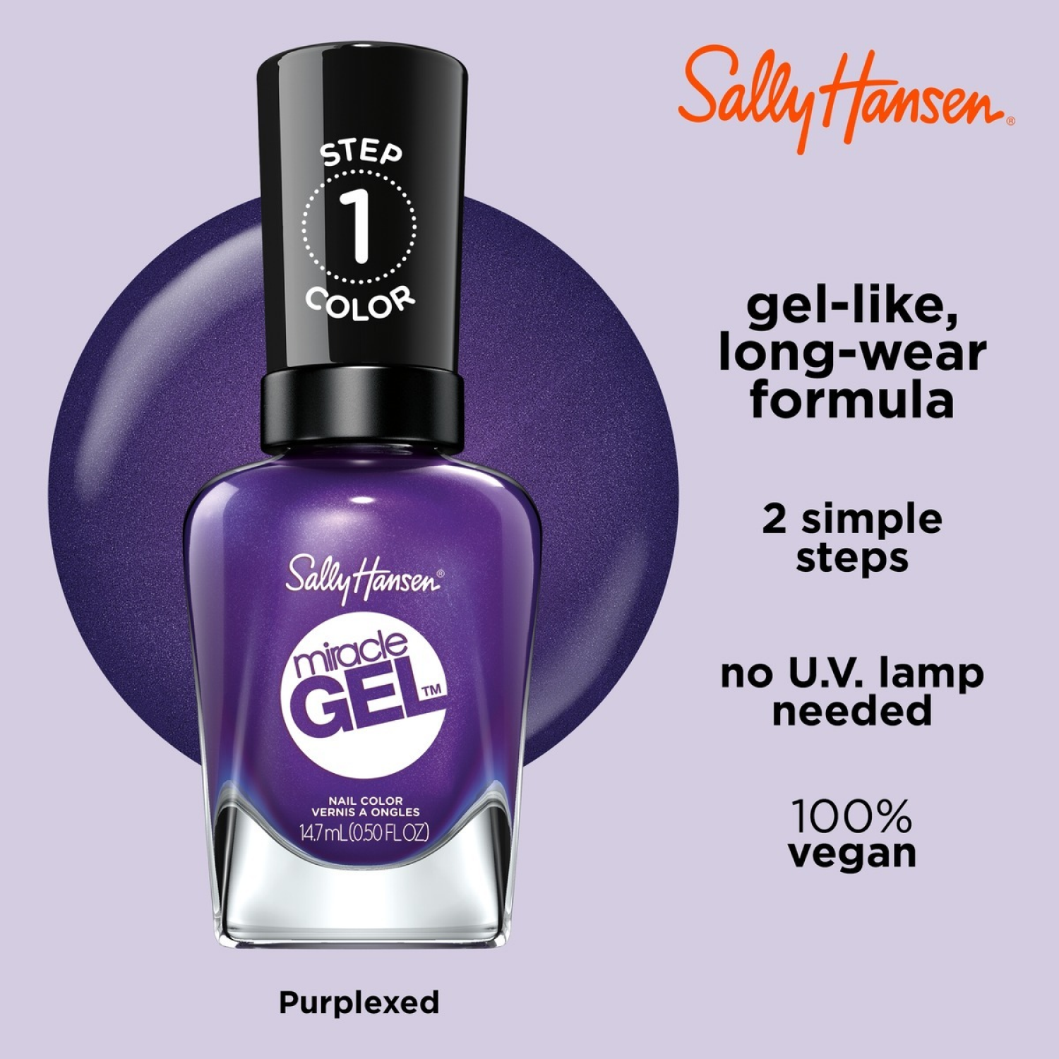 slide 3 of 7, Sally Hansen Miracle Gel, Purplexed, Gel Nail Polish, Chip-Resistant Nail Polish, Lasts up to 8 Days, 0.5 fl oz, 14.70 mL