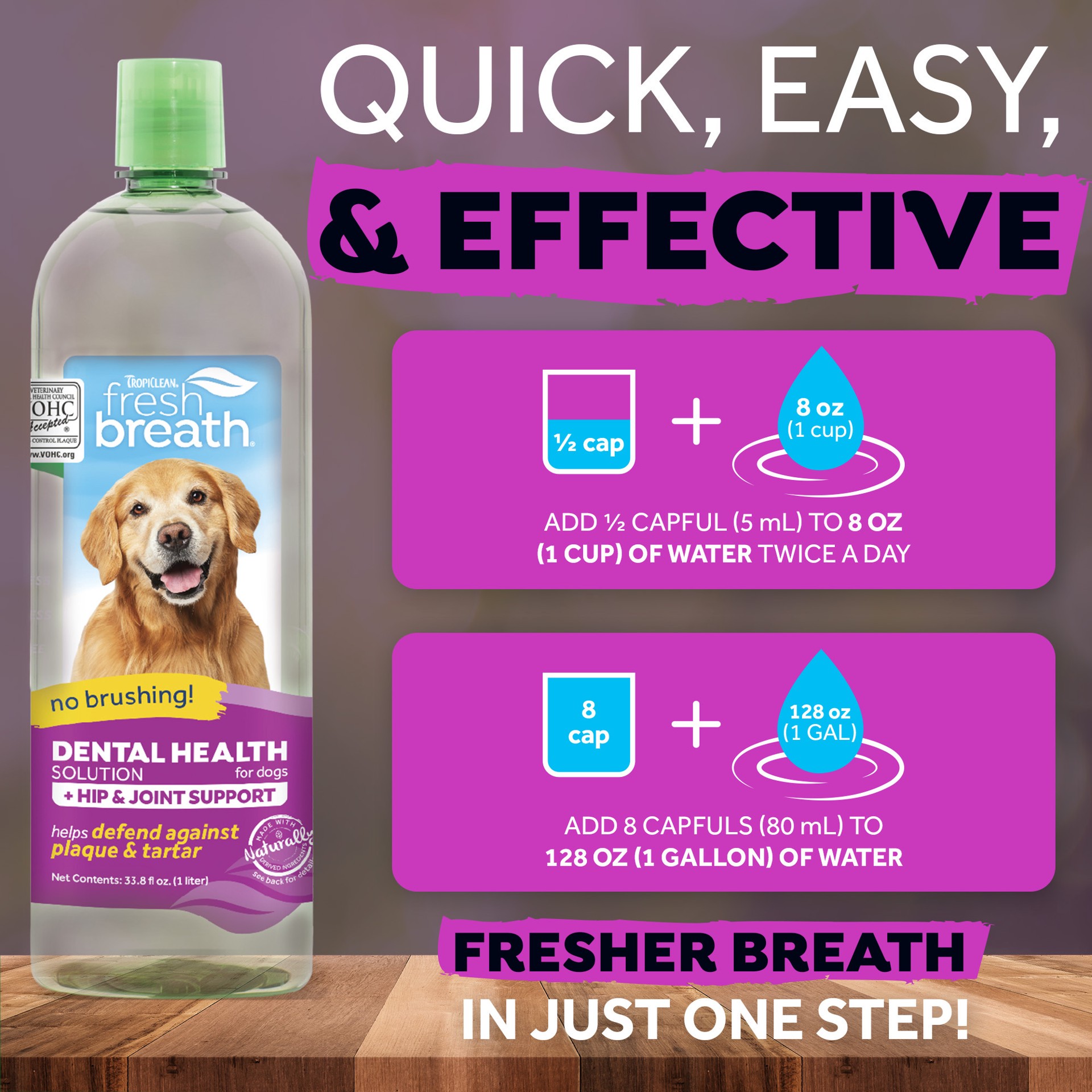 slide 9 of 10, TropiClean Fresh Breath Dental Health Solution for Dogs Plus Hip & Joint, 33.8oz, 33.8 oz