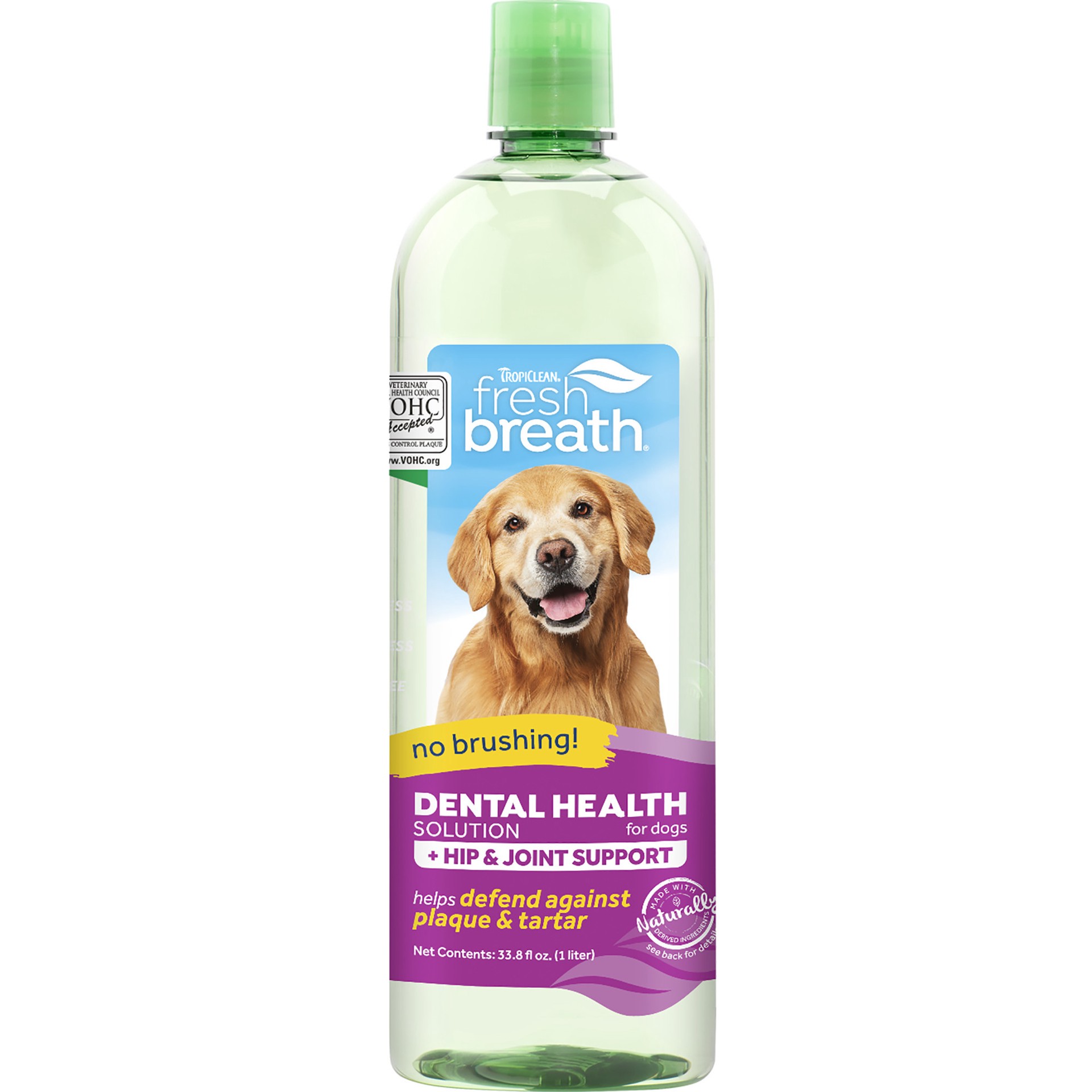 slide 1 of 10, TropiClean Fresh Breath Dental Health Solution for Dogs Plus Hip & Joint, 33.8oz, 33.8 oz