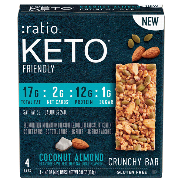 slide 1 of 1, :ratio KETO* friendly Coconut Almond Crunchy Bar, 4 ct