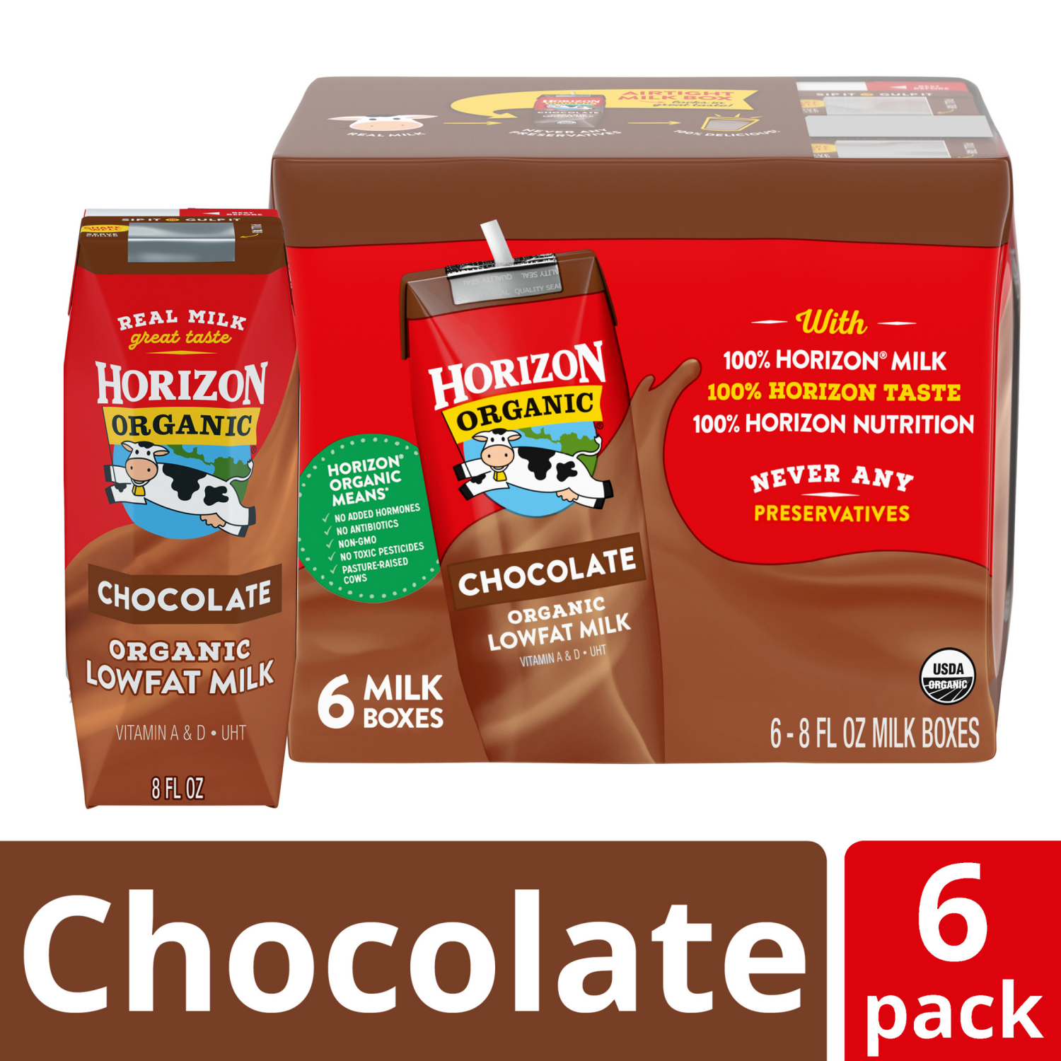 slide 1 of 5, Horizon Organic Shelf-Stable 1% Low Fat Milk Boxes, Chocolate, 8 fl oz, 6 Pack, 6 ct