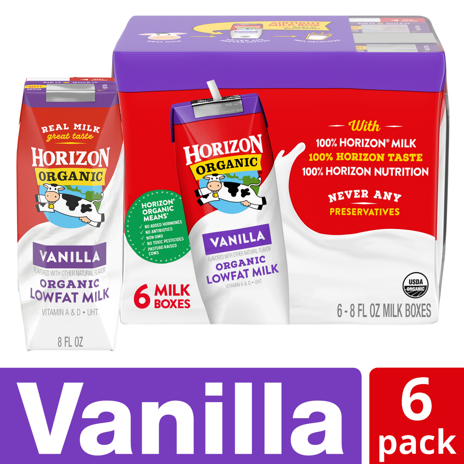 slide 1 of 5, Horizon Organic Shelf-Stable 1% Low Fat Milk Boxes, Vanilla, 8 fl oz, 6 Pack, 6 ct
