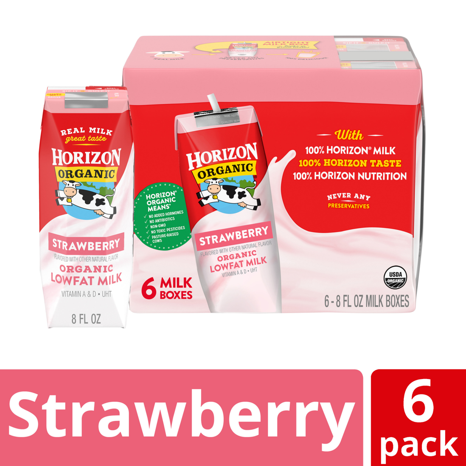 slide 1 of 5, Horizon Organic Shelf-Stable 1% Low Fat Milk Boxes, Strawberry, 8 fl oz, 6 Pack, 6 ct