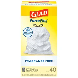 Glad ForceFlex Tall Kitchen Drawstring Trash Bags, 13 Gallon, Fragrance Free, 40 Count