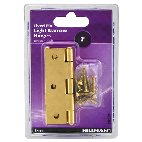 slide 1 of 1, Hillman Brass Light Narrow Door Hinges and Fixed Pin 3, 1 ct