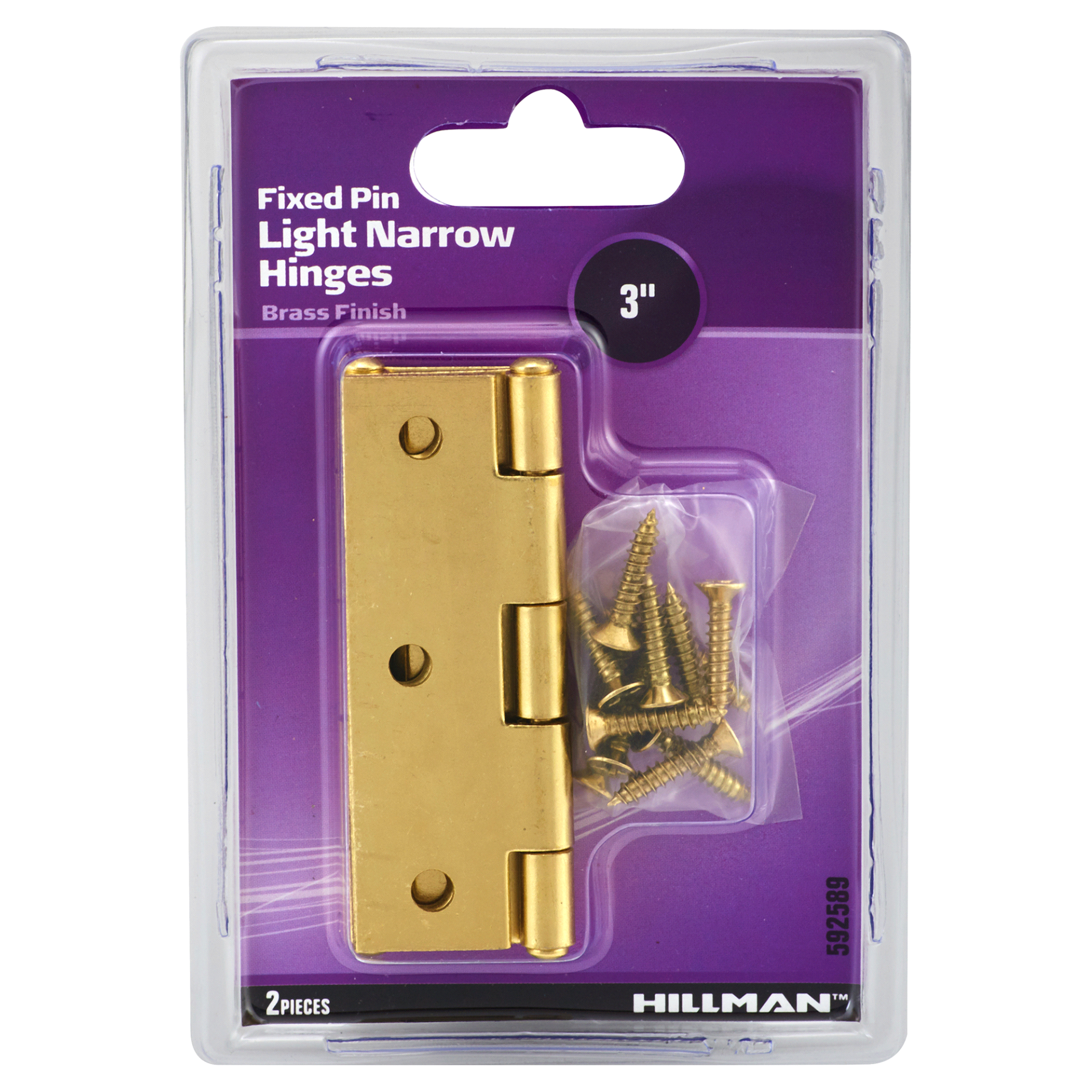 slide 1 of 1, Hillman Brass Light Narrow Door Hinges and Fixed Pin 3, 1 ct