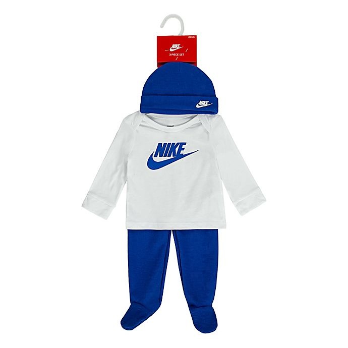 slide 2 of 5, Nike Preemie Take Home Footed Pant, Top and Beanie Set - White/Blue, 3 ct