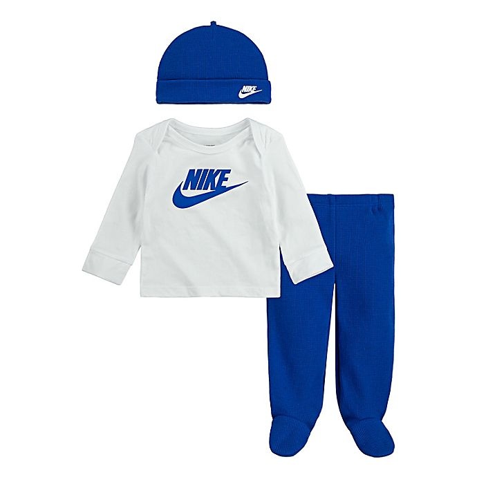 slide 1 of 5, Nike Preemie Take Home Footed Pant, Top and Beanie Set - White/Blue, 3 ct