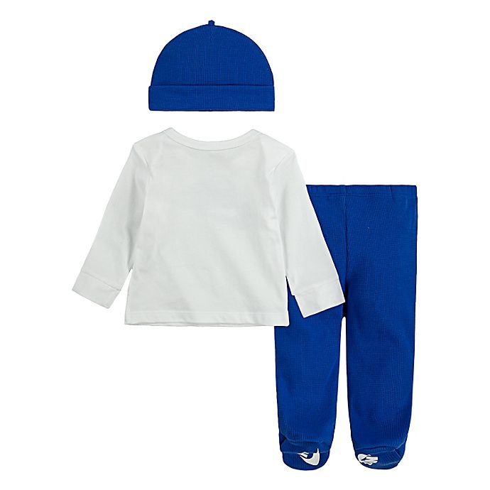 slide 3 of 5, Nike Preemie Take Home Footed Pant, Top and Beanie Set - White/Blue, 3 ct