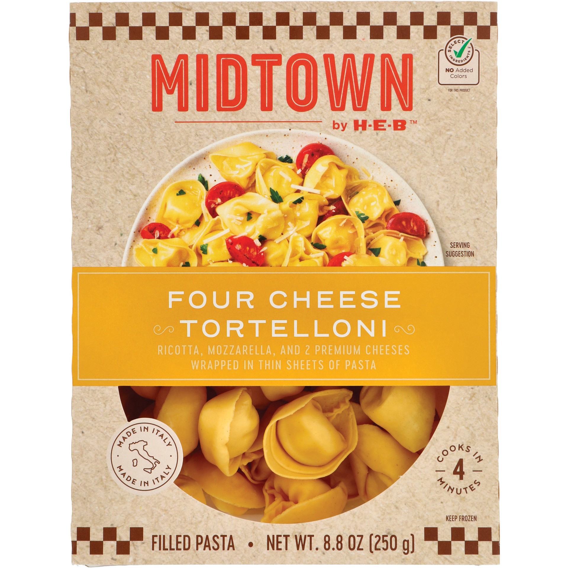 slide 1 of 1, Midtown by H-E-B Frozen Four Cheese Tortelloni Filled Pasta, 8.8 oz