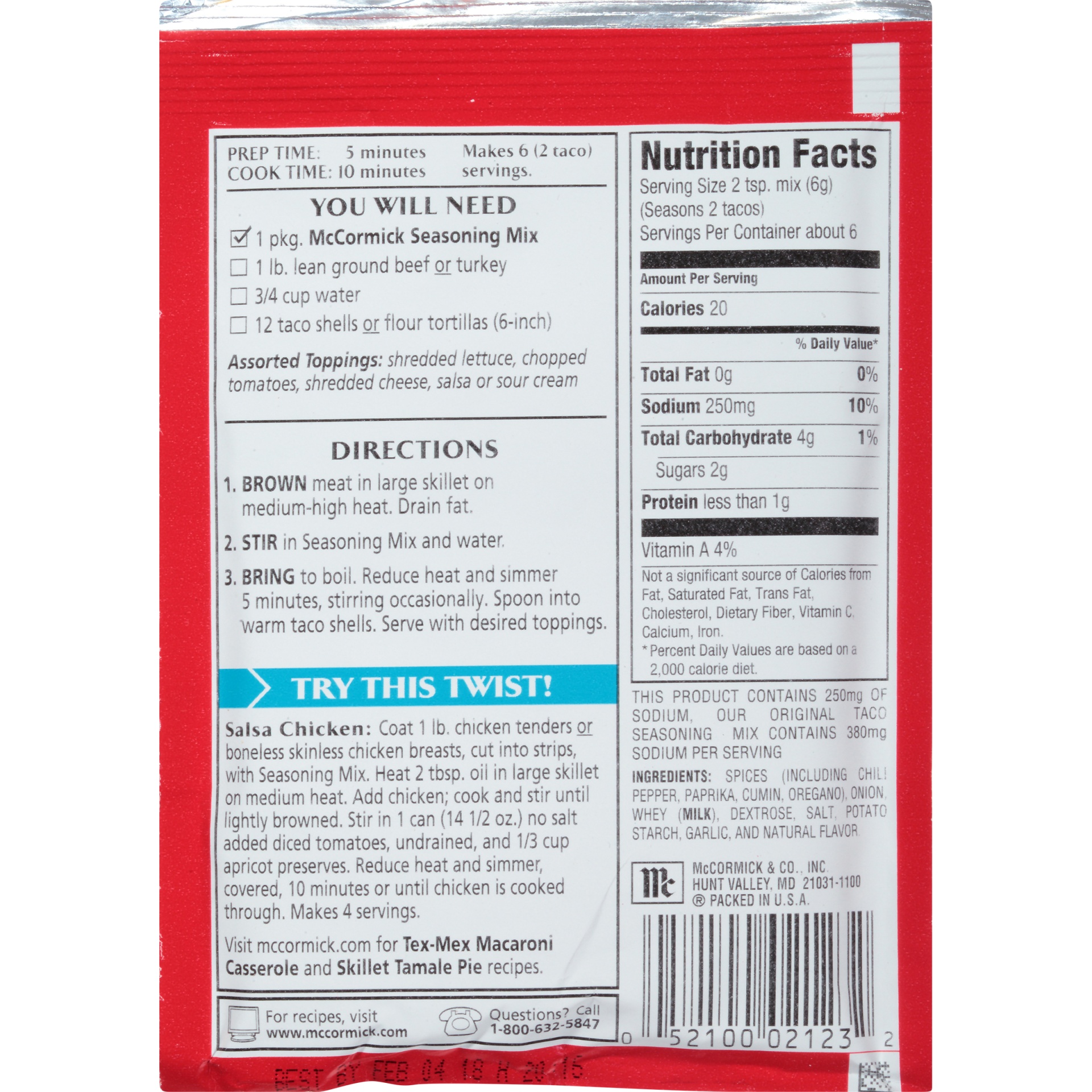 slide 4 of 6, McCormick 30% Less Sodium Taco Seasoning Mix, 1.25 oz