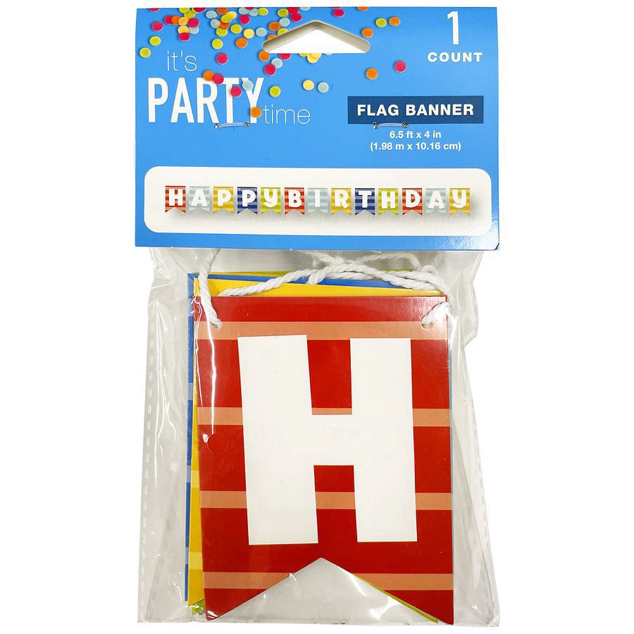 slide 1 of 1, It's Party Time Happy Birthday Stripes Ribbon Banner, 1 ct